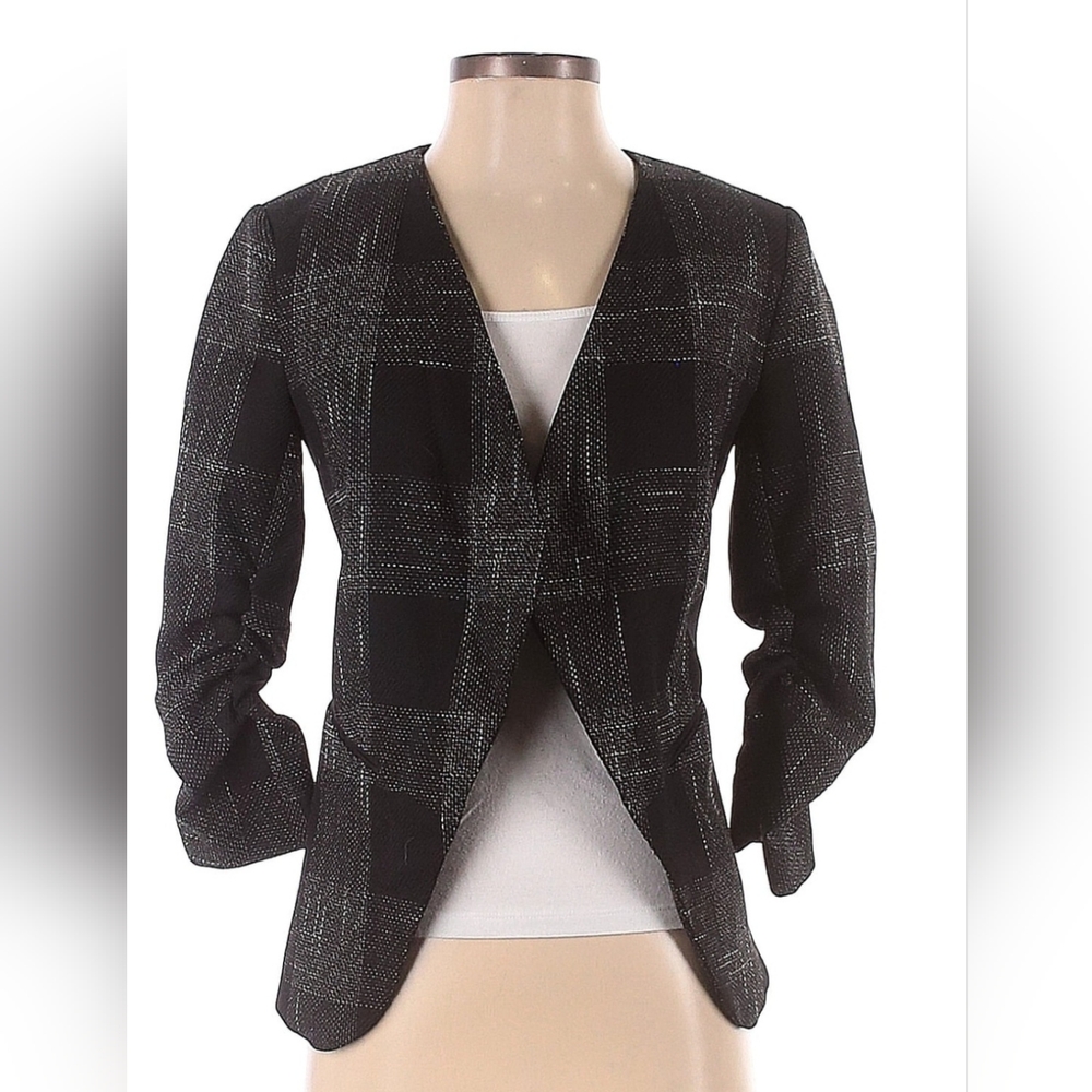 H&M Blazer Black Tartan Ruched Sleeves Women Sz 8